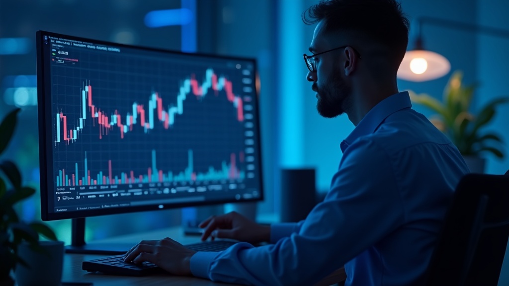 A futures trader analysing candlestick charts on a funded prop firm account